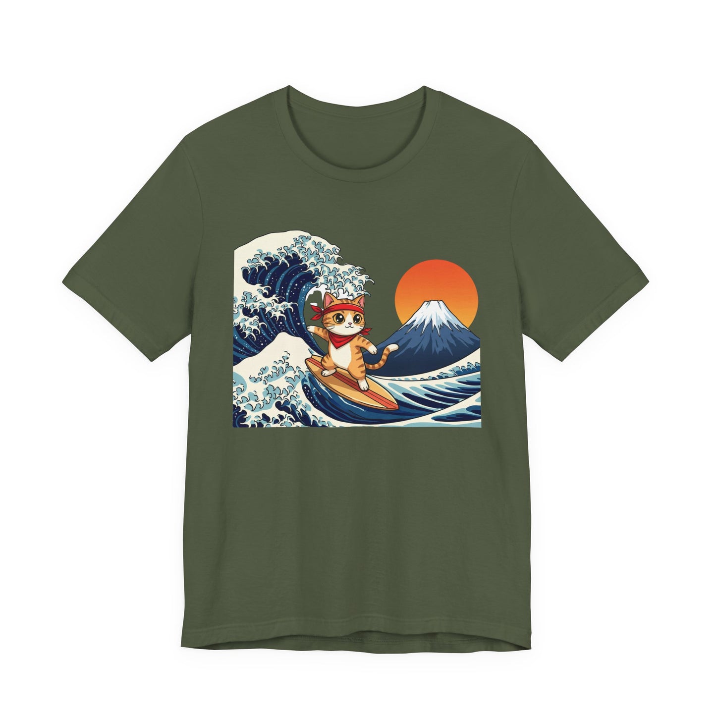 Surfing Cat Japanese Wave & Mount Fuji Sunset T-Shirt