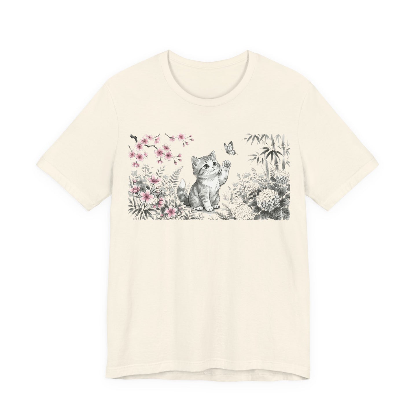 Cute Kitten Garden — Cat and Butterfly Floral Illustration T-Shirt
