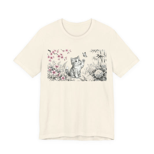 Cute Kitten Garden — Cat and Butterfly Floral Illustration T-Shirt