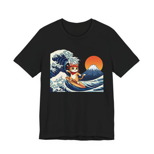 Surfing Cat Japanese Wave & Mount Fuji Sunset T-Shirt