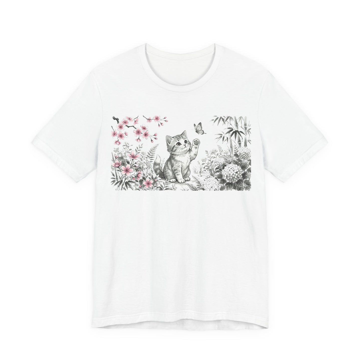 Cute Kitten Garden — Cat and Butterfly Floral Illustration T-Shirt