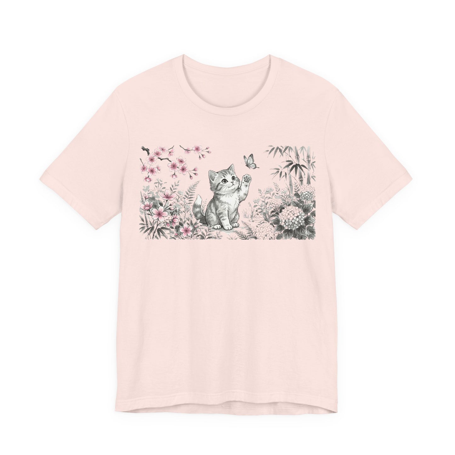 Cute Kitten Garden — Cat and Butterfly Floral Illustration T-Shirt